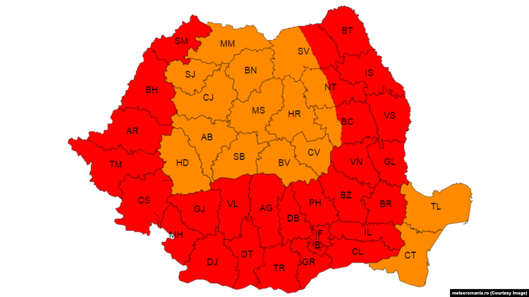 Zona aflată sub avertizare de cod roșu de caniculă pe 13 și 14 iulie. Este pentru prima oară când toate județele sunt cuprinse de avertizări portocaliu și roșu.
