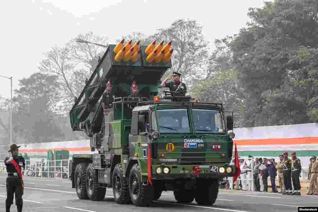 A Pinaka multibarrel rocket launcher is seen in West Bengal, India, in January 2023. In July 2023, India&rsquo;s first-ever export of its domestically made Pinaka rocket system reportedly arrived in Armenia. Azerbaijan alleged the weapons systems were transported through Iran to Armenia&#39;s southern border. &nbsp;