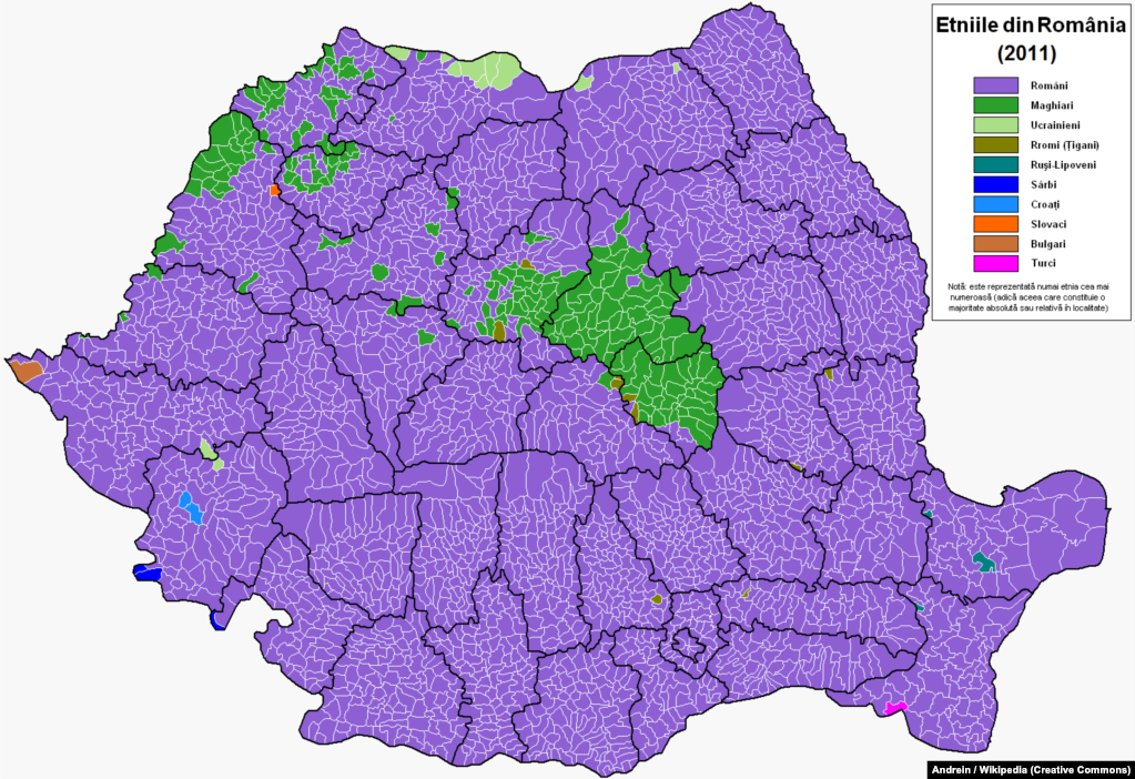 Етнічна карта Румунії за давнішим переписом (2011 року)