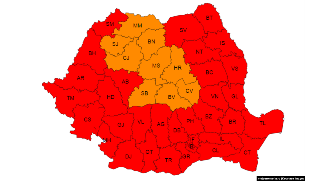 Harta cu zonele din România pentru care a fost emis cod roșu de caniculă pe 15 și 16 iulie.
