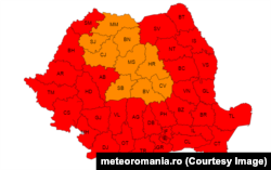 Harta cu zonele din România pentru care a fost emis cod roșu de caniculă pe 15 și 16 iulie.