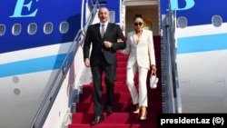 Azerbaijani President Ilham Aliyev and First Vice President Mehriban Aliyeva arrive in Hungary in August 2023.