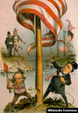 "Делайте ваш выбор!" Карикатура на президентскую кампанию 1900 года. Маккинли поднимает флаг США над Филиппинами, а Брайан рубит флагшток