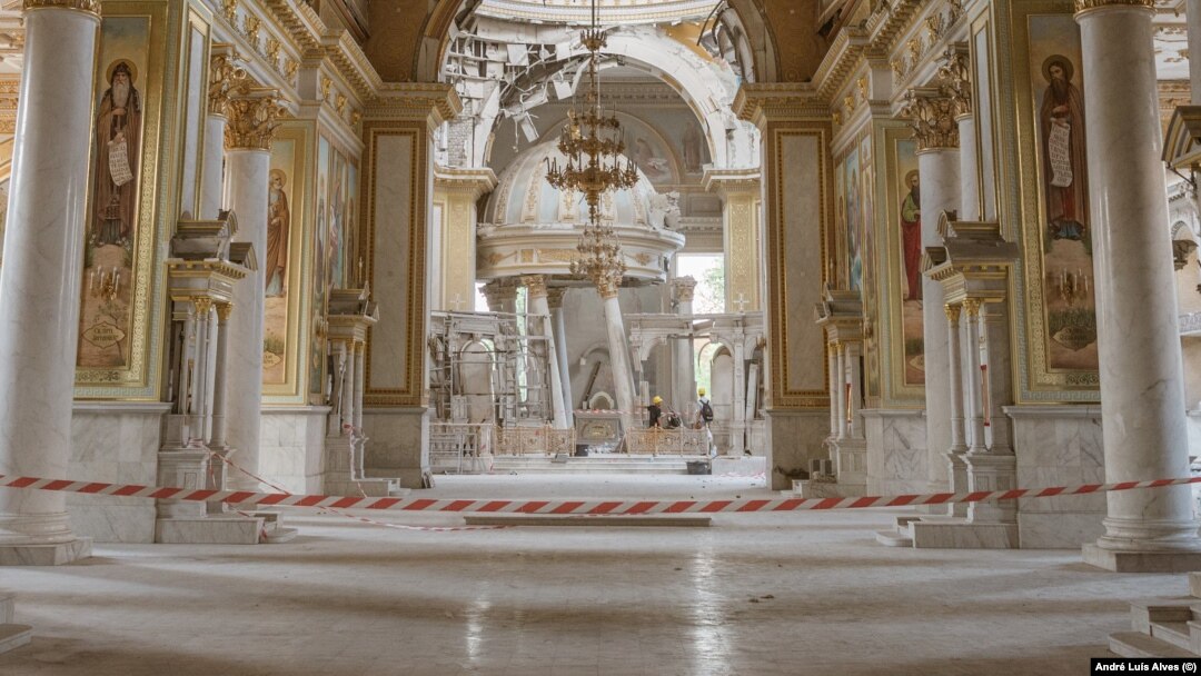 A view of the interior of the Orthodox Transfiguration Cathedral in Odesa that suffered significant damage from a Russian missile attack on July 23.