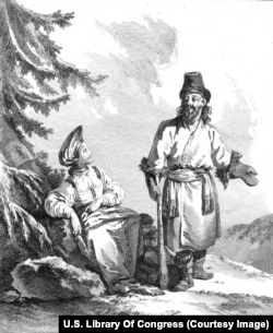 Cuplu rus îmbrăcat în ceea ce d'Auteroche numește „haine tipice”.