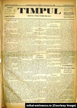 Ziarul „Timpul”, din 29 iunie 1883, cu ultimul articol publicat de Mihai Eminescu.