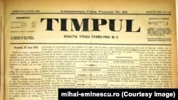 Ziarul „Timpul”, din 29 iunie 1883, avea pe prima pagină ultimul articol publicat de Mihai Eminescu. În aceeași zi, Eminescu a fost arestat și internat la un spital de psihiatrie.
