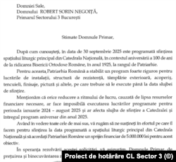 Solicitarea de sprijin financiar trimisă de Patriarhul Daniel lui Robert Negoiță.