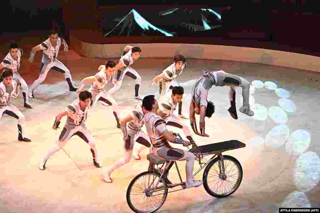  Acrobats of the China National Acrobatic Troupe perform during the 15th International Circus Festival at the Capital Grand Circus in Budapest. &nbsp; 