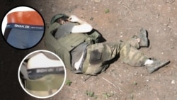 A still from drone footage showing a soldier who was killed by his comrade. The logo that is visible on the soldier's underwear is for a low-cost brand that is widely available across Russia.