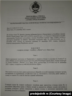 Odluka o dodjeli ugovora marketing preduzeću "Mania" za organizovanje proslave 9. januara kao neustavnog Dana Republike Srpske.