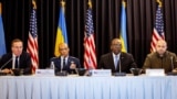 A Ramstein format meeting in March in Germany. U.S. Defense Secretary Lloyd Austin (second right) told an April 26 meeting that donated F-16 fighter jets, trained pilots, and service personnel will begin arriving in Ukraine this year.