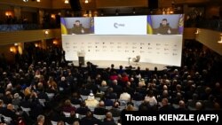 Ukrainian President Volodymyr Zelenskiy addresses the Munich Security Conference, attended by about 40 heads of states and governments, as well as politicians and security experts from almost 100 countries, on February 17.