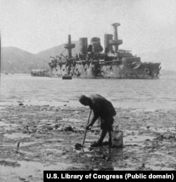 A man gathers shellfish from mudflats in front of a wrecked Russian warship in Port Arthur.