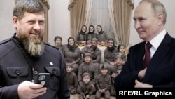  Рамзан Кадыровдун үй-бүлөсү жана Орусиянын президенти Владимир Путин. Коллаж
