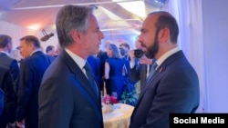 U.S. Secretary of State Antony Blinken and Armenian Foreign Minister Ararat Mirzoyan talk during a NATO summit in Washington, July 10, 2024.