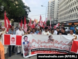 Members of the National Democratic Movement, the Pashtunkhwa National Awami Party, and the Awami Workers Party protest in Karachi on July 21 against the shooting at the peace rally in Bannu two days earlier.