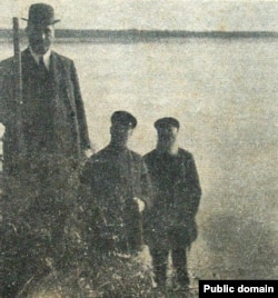 Prokhanov with his companions after the symbolic planting of seedlings