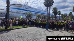 Protesters greeted the arrival of a Russian cruise ship at the Batumi port by throwing eggs on July 31.