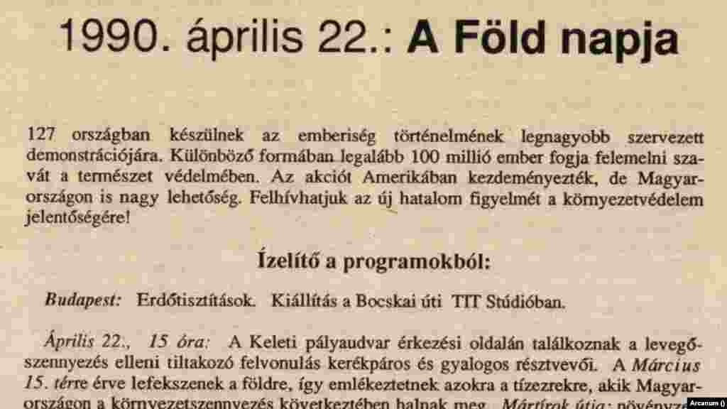 Programok az első itthoni Föld napján: részlet a Beszélő 1990. április 14-i számából