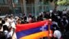 Armenia - A Karabakh flag is displayed during a protest outside the French Embassy in Yerevn, July 18, 2023.