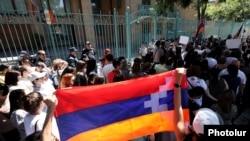 Armenia - A Karabakh flag is displayed during a protest outside the French Embassy in Yerevn, July 18, 2023.