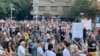 Protesters against a proposed lithium-mining project in Serbia rally in Belgrade on September 1.