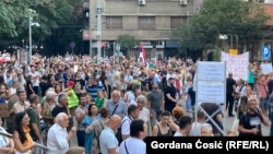 Protesters against a proposed lithium-mining project in Serbia rally in Belgrade on September 1.