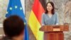 German Foreign Minister Annalena Baerbock speaks to journalists during a press conference in Podgorica on March 4.