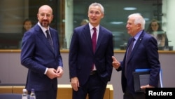 European Council President Charles Michel (left to right), NATO Secretary-General Jens Stoltenberg, and High Representative of the European Union for Foreign Affairs and Security Policy Josep Borrell attend the European Union leaders summit in Brussels on June 29.