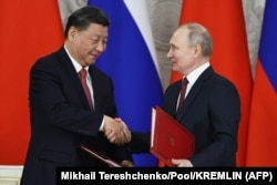 Очільник Росії Володимир Путін та президент Китаю Сі Цзіньпін після переговорів у Москві, 21 березня 2023 року