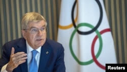 Președintele Comitetului Internațional Olimpic (CIO), Thomas Bach, participând la deschiderea reuniunii Comitetului Executiv la Casa Olimpică din Lausanne, Elveția, pe 28 martie.