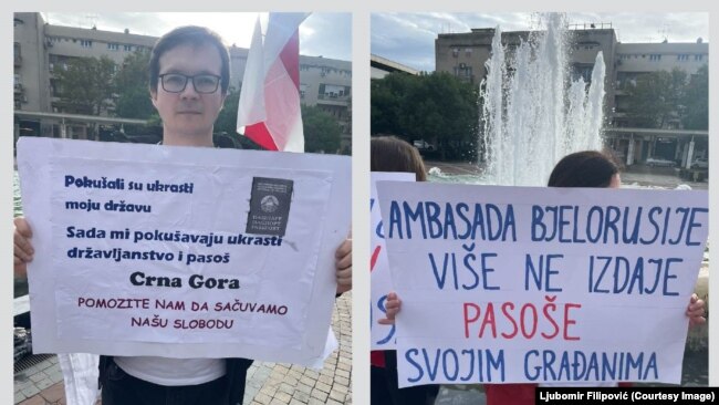 Bjeloruski državljani sa transparentima na skupu u Podgorici, 12. novembar 2023. godine