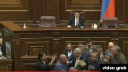 Armenia - Opposition and pro-government deputies clash on the parliament floor, May 23, 2023.