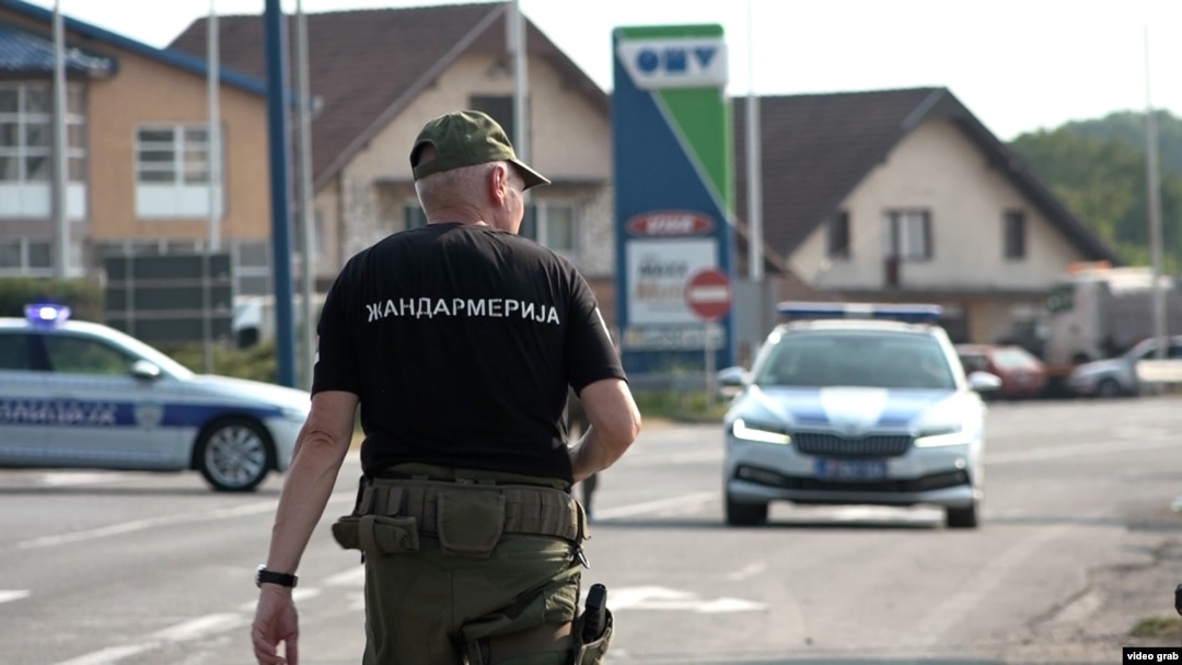 Serbian police at the Lipnicki Sor checkpoint in the city of Loznica in western Serbia, where two policemen were shot, one of them fatally, on July 18. 