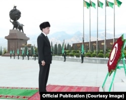 Gurbanguly Berdymukhammedov is depicted at a memorial event in Ashgabat in October 2020.