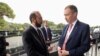 Toivo Klaar (right), the EU's special representative for the South Caucasus and the crisis in Georgia, meets with Armenian Foreign Minister Ararat Mirzoyan in Yerevan on March 1.