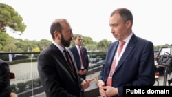 Toivo Klaar (right), the EU's special representative for the South Caucasus and the crisis in Georgia, meets with Armenian Foreign Minister Ararat Mirzoyan in Yerevan on March 1.