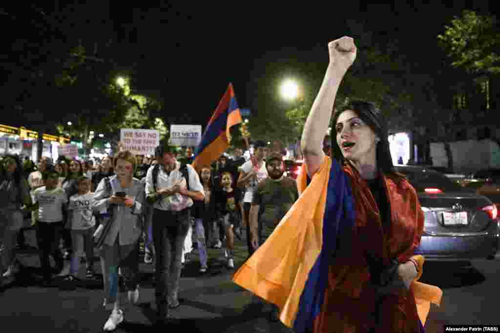 Protestors in Yerevan on July 25. A regional official inside Nagorno-Karabakh told journalists&nbsp;that the situation is becoming increasingly severe, with &quot;no sugar, no cooking oil, no baby food, no candy,&quot; and added, &quot;in terms of medication, it&rsquo;s a matter of days before the reserves are depleted,&rdquo;&nbsp; &nbsp;