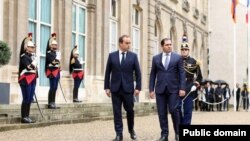 France - French Defense Minister Sébastien Lecornu (left) greets his Armenian counterpart Suren Papikian in Paris, October 23, 2023.