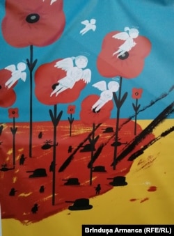 Poster creat de Oxana Drahkovska simbolizând copiii-victime în războiul din Ucraina. Expoziția TRAF Timișoara 2022