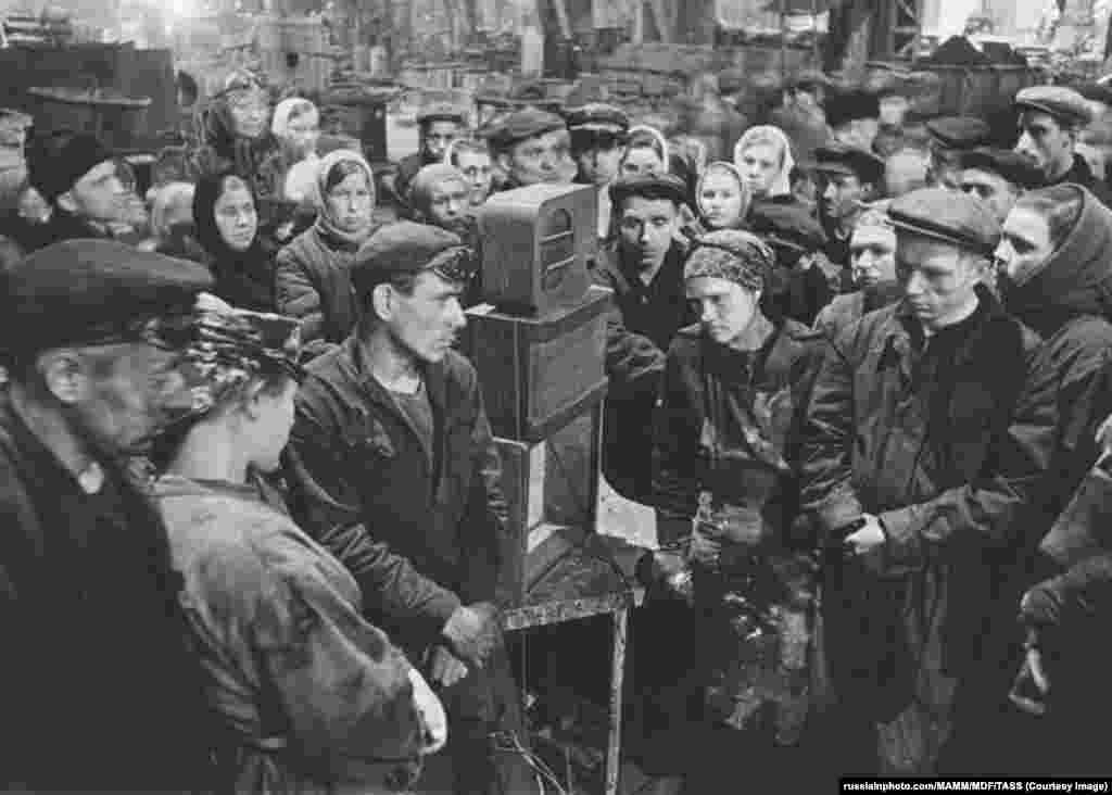 Workers at a Moscow factory gather on March 6 to &quot;listen to the announcement of Stalin&rsquo;s death.&quot; The Soviet ruler had died the previous evening at 9:50 p.m. after suffering a brain hemorrhage following a long night of drinking and watching movies with his inner circle.