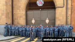 Armenia - Rot police guard the Interior Ministry building amid an anti-government protest in Yerevan, May 29, 2024.