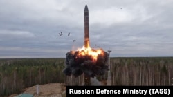 Russia test-fires a Yars intercontinental ballistic missile in nuclear drills from a launch site in Plesetsk, northwestern Russia, in October 2022. 