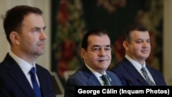 Cei trei lideri ai alianței Dreapta Unită, Cătălin Drulă (s), Ludovic Orban (c) și Eugen Tomac (d).