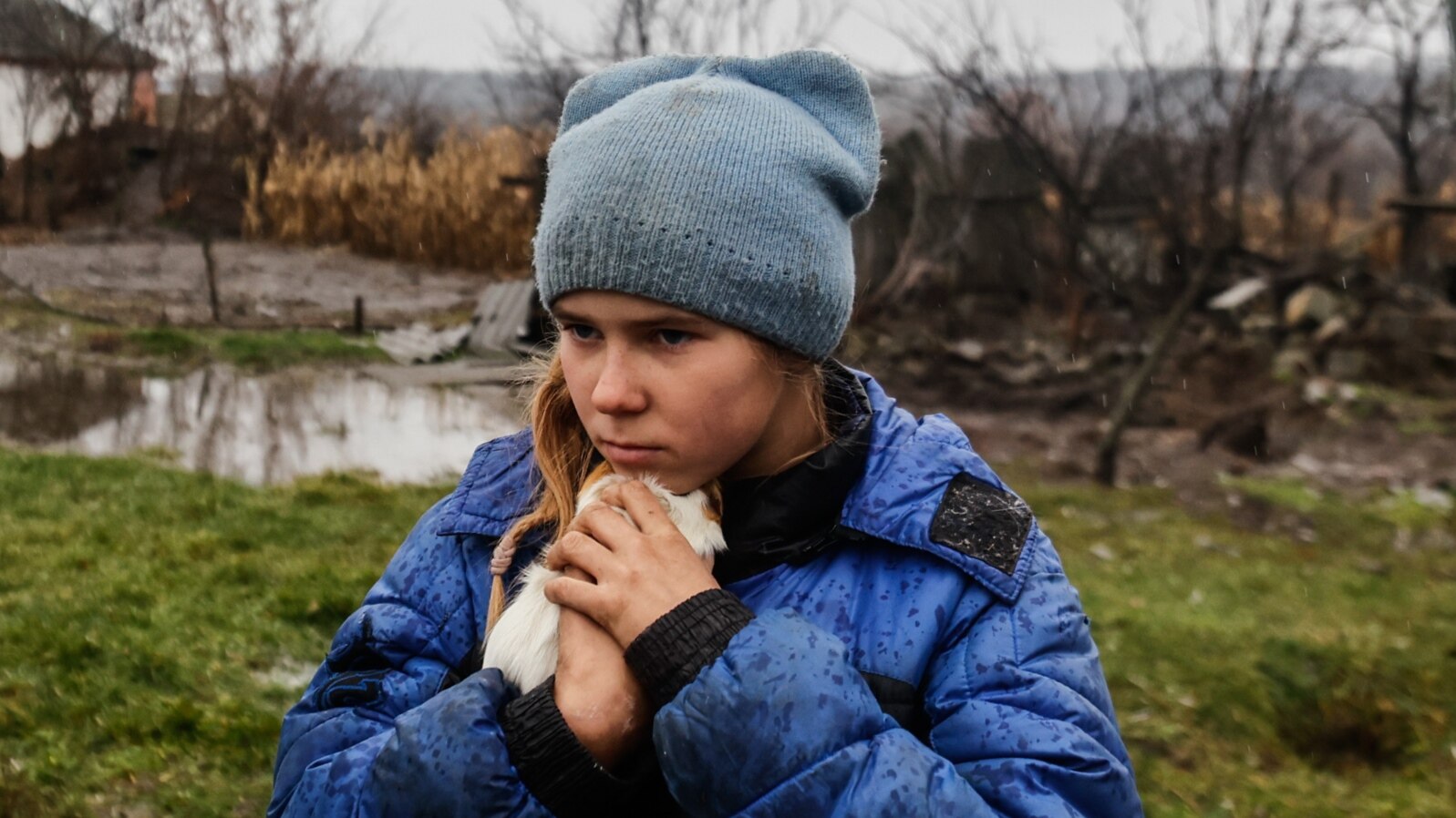9 жасар қыз Софийка Луганск облысының шығысындағы Макеевкадан эвакуациялау кезінде теңіз шошқасын құшақтап тұр. 2022 жылғы 19 қараша.