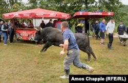 A bull charges past drink stalls after escaping from the corral.