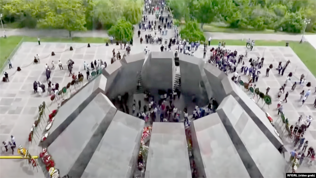 A drone captures early arrivals at the Armenian Genocide Museum complex in Yerevan on April 24, the Day of Remembrance.