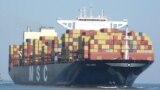 The container vessel MSC Aries with a crew of 25 in the Strait of Hormuz on April 13