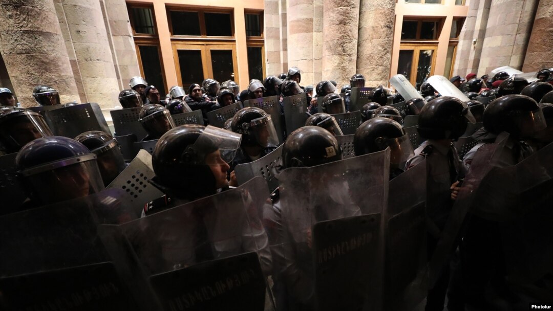 Armenian riot police on duty amid a tense situation in Yerevan's Republic Square on September 21. 